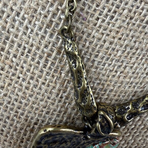 Green & Bronze Pendant Necklace Textured Metal Design on Chain 18 Inches Long - Picture 13 of 16